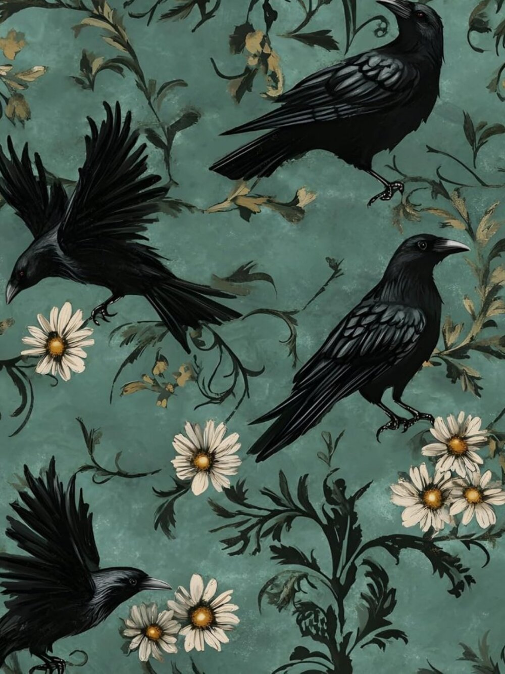 Vintage Gothic Dark Crow Floral Peel and Stick Wallpaper 17.4" x 118"